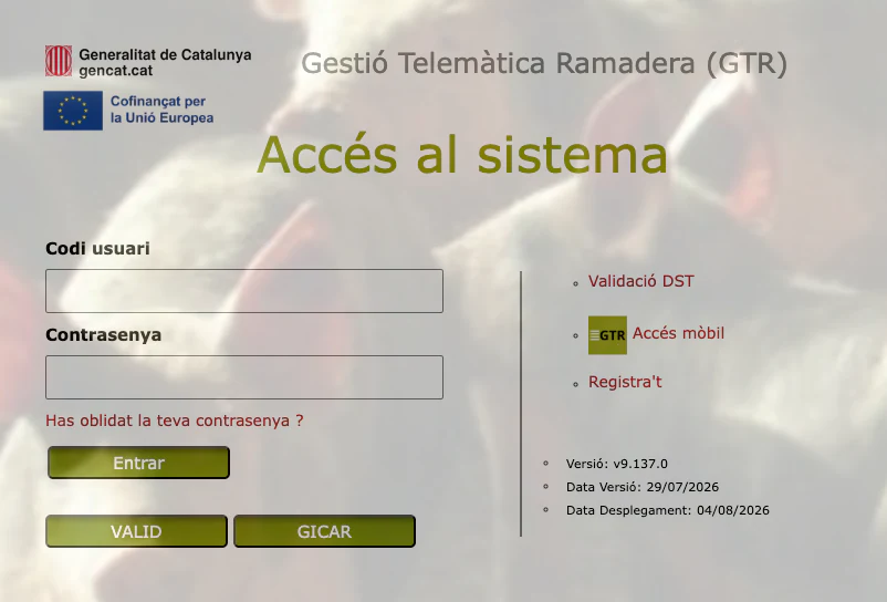 Pantalla d'accés al GTR, la Gestió Telemàtica Ramadera de la Generalitat de Catalunya