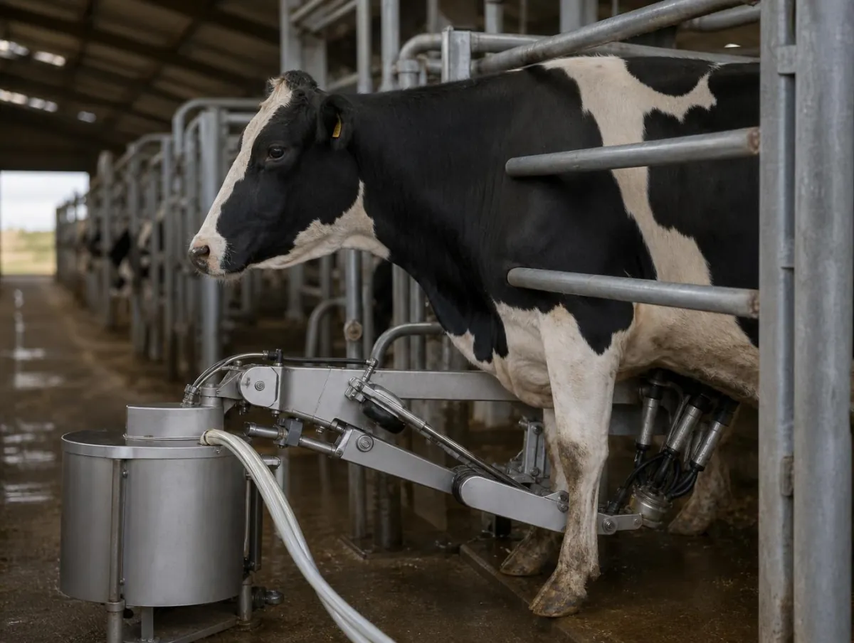 Braç d'un robot de munyida col·locant les pipetes en una vaca frisona